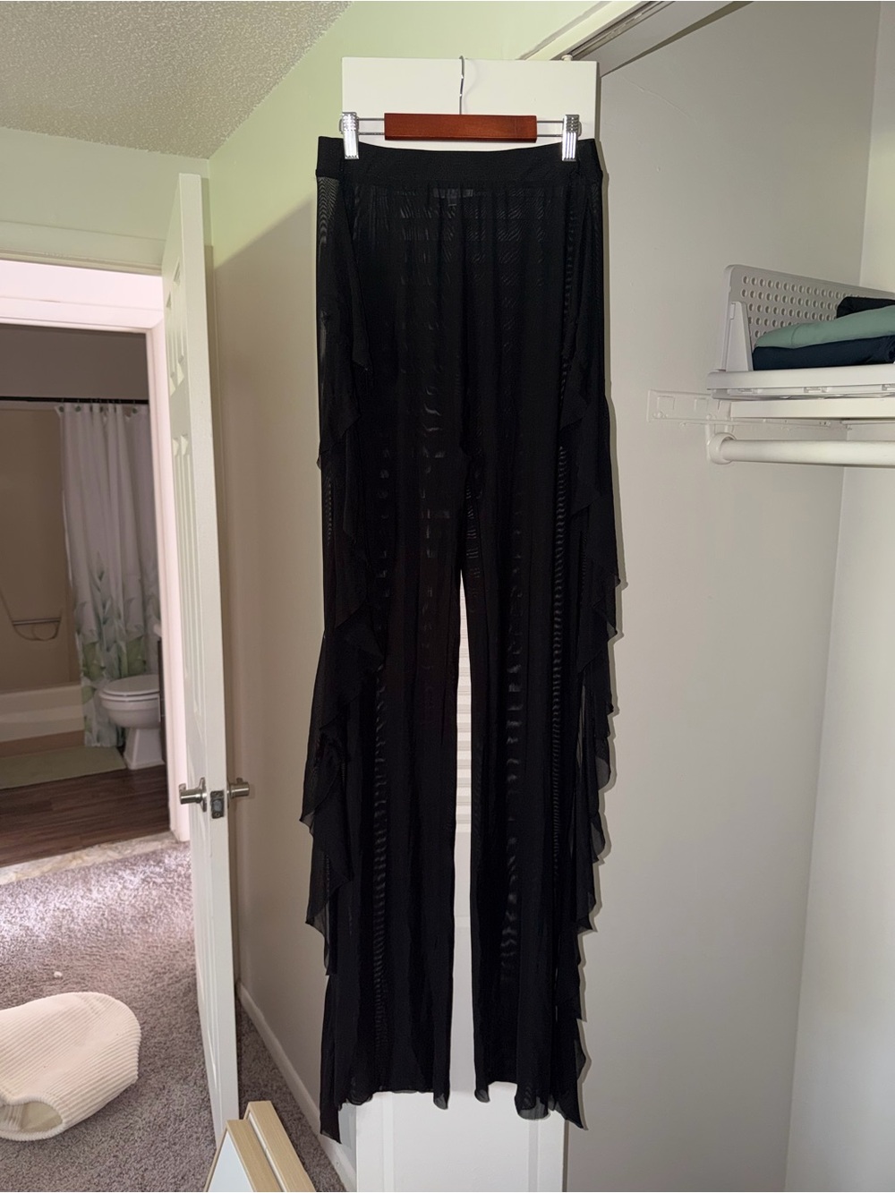 Black Ruffled Sheer Wide-Leg Pants